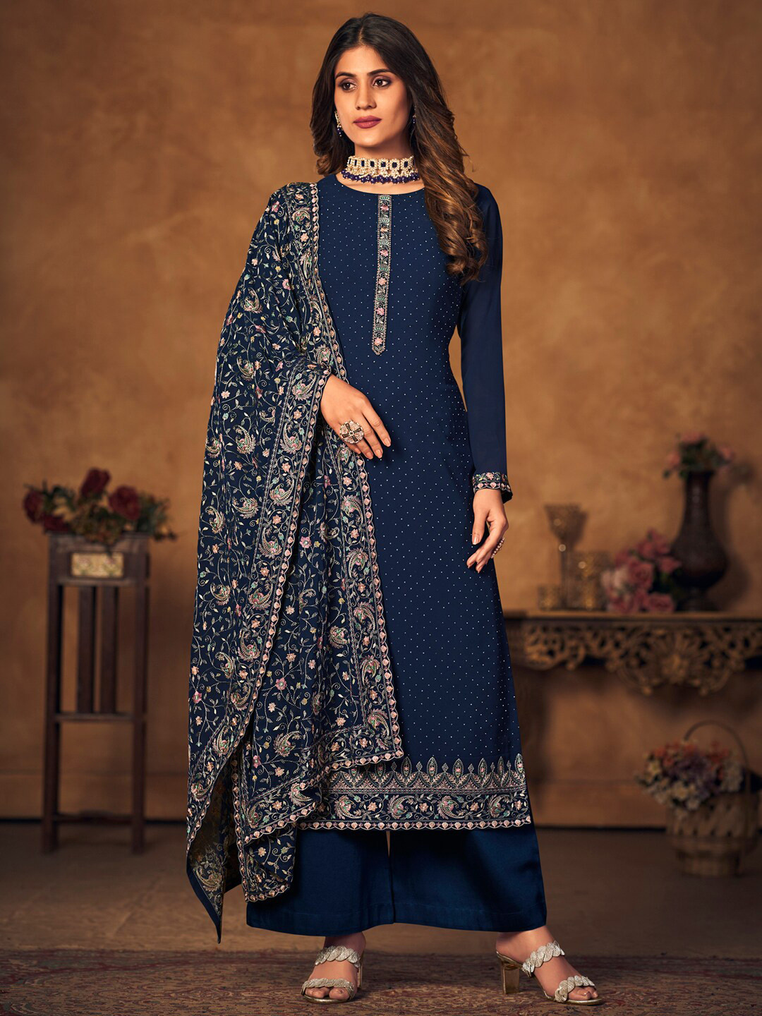 

Stylee LIFESTYLE Embroidered Silk Georgette Unstitched Dress Material, Navy blue