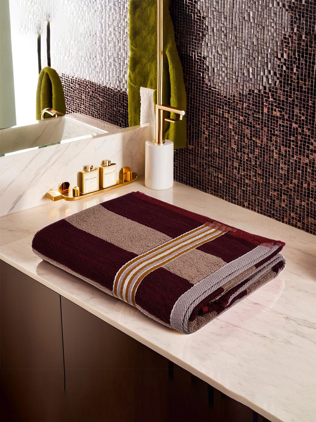 

Kuber Industries Maroon & Beige Striped 150 GSM Cotton Quick Dry Bath Towel