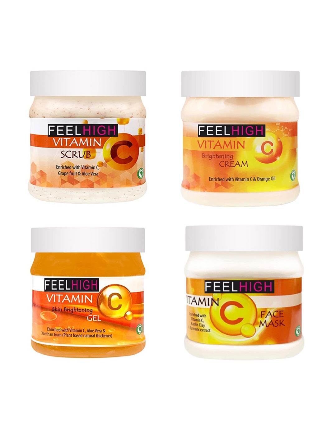 

FEELHIGH Set Of 4 Vitamin C Scrub Cream Mask & Gel Facial Kit 500ml Each, Orange