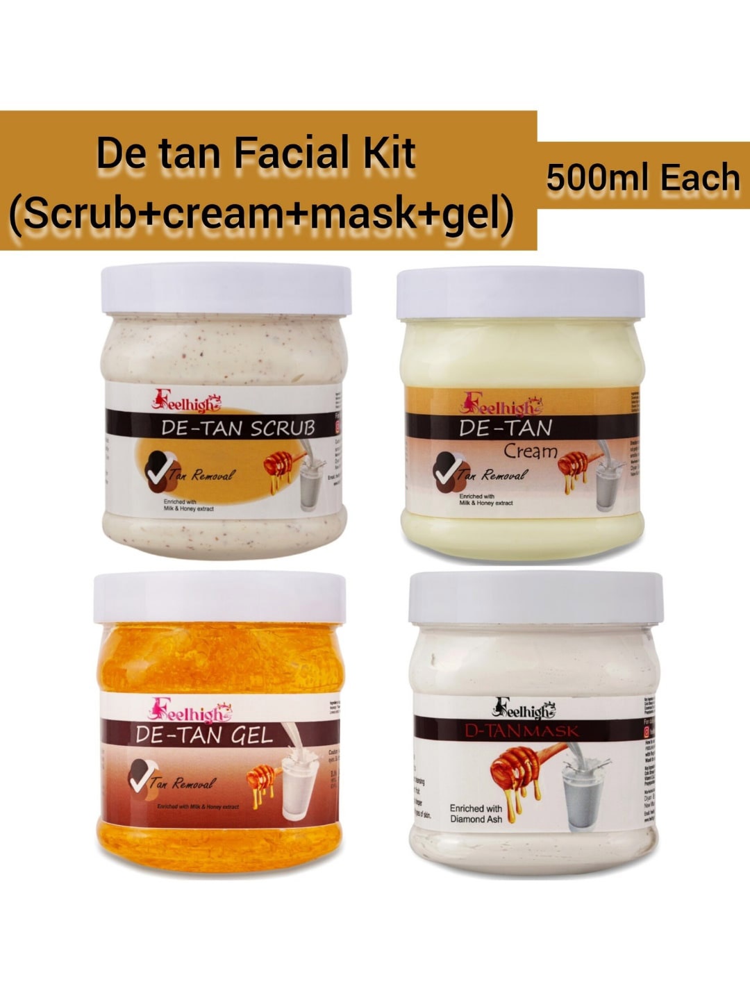 

FEELHIGH De tan Set Of 4 Scrub Cream Mask& Gel Facial Kit 500ml Each, White