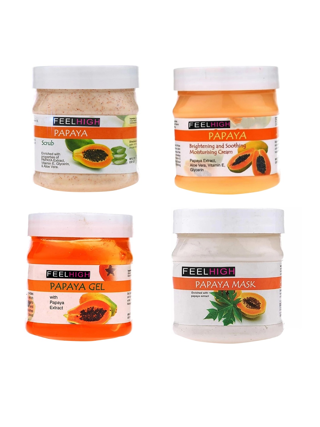 

FEELHIGH Set Of 4 Papaya Scrub Cream Mask & Gel Facial Kit 500ml Each, Orange