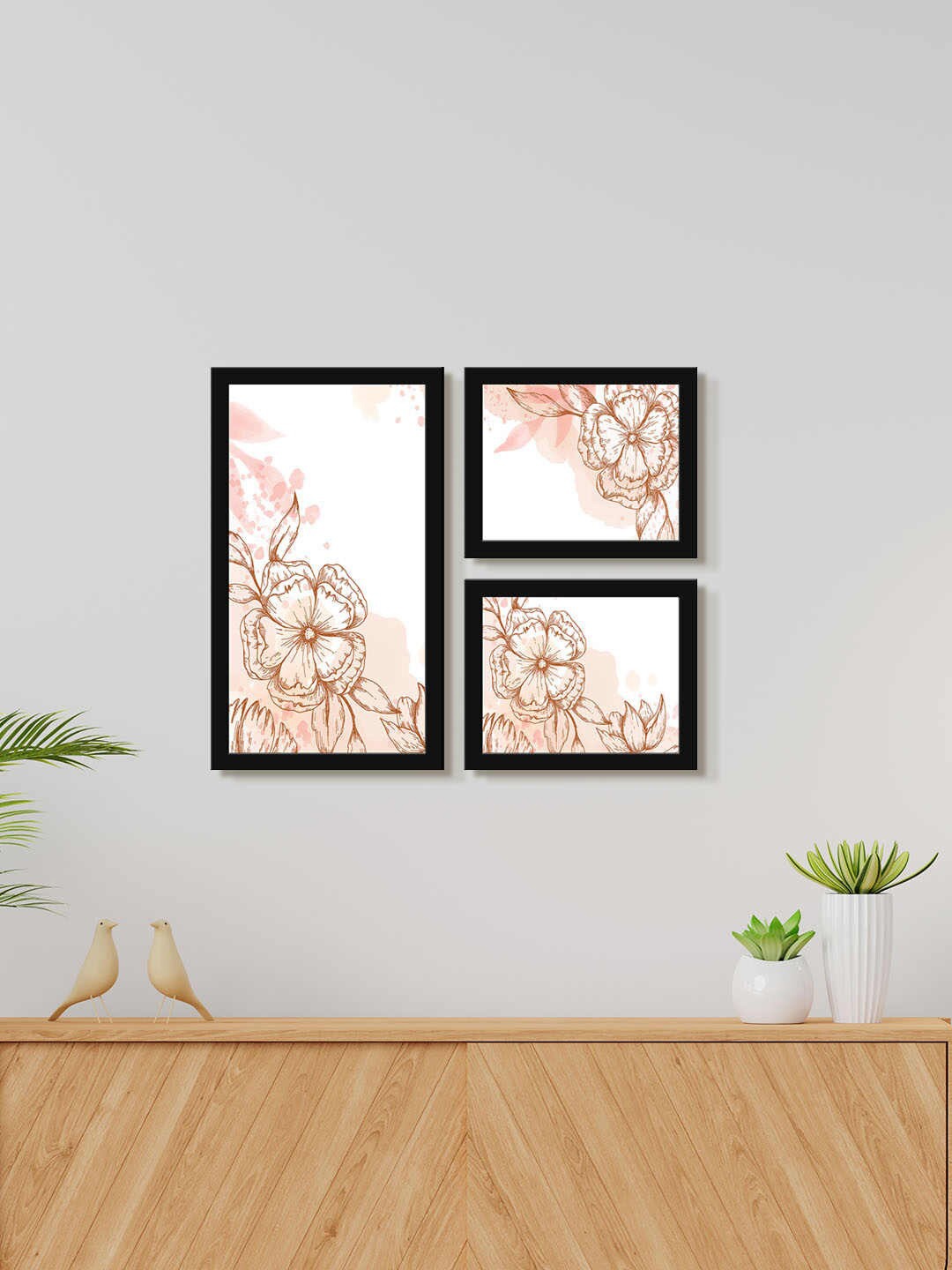 

999Store White & Brown 3 Pieces Beautiful Cosmos Water Color Painting Wall Art
