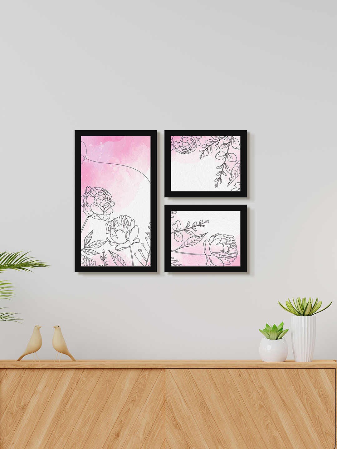 

999Store Pink 3 Pieces Carnation Flower leaves Water Color Painting Wall Art