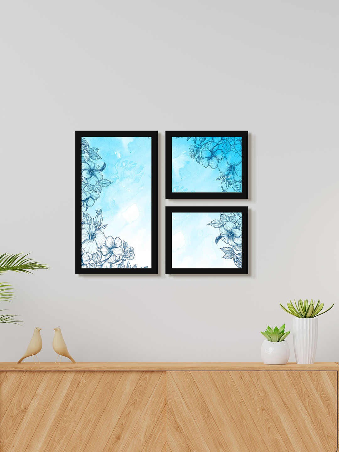 

999Store Blue 3 Pieces Hibiscus Flower Water Color Painting Wall Art