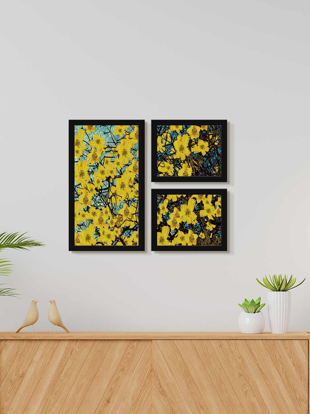 

999Store Blue & Yellow 3 Pieces Beautiful Flowers Painting Modern Art Wall Art