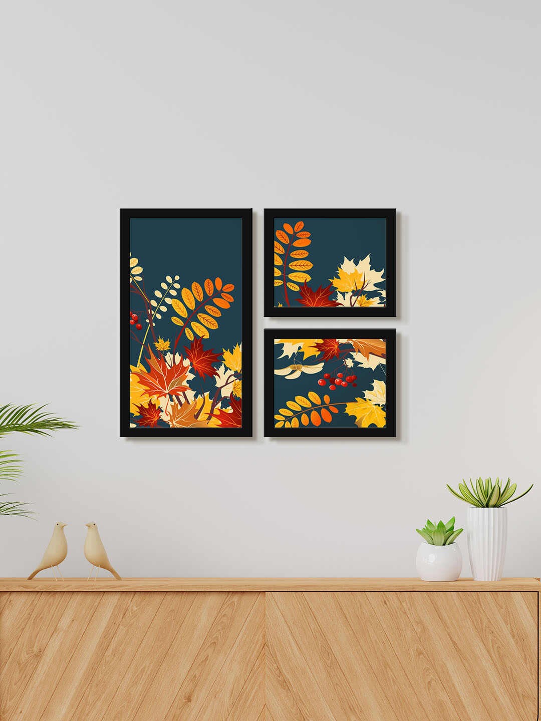 

999Store Navy Blue 3 Pieces Leafs Modern Art Painting Wall Art