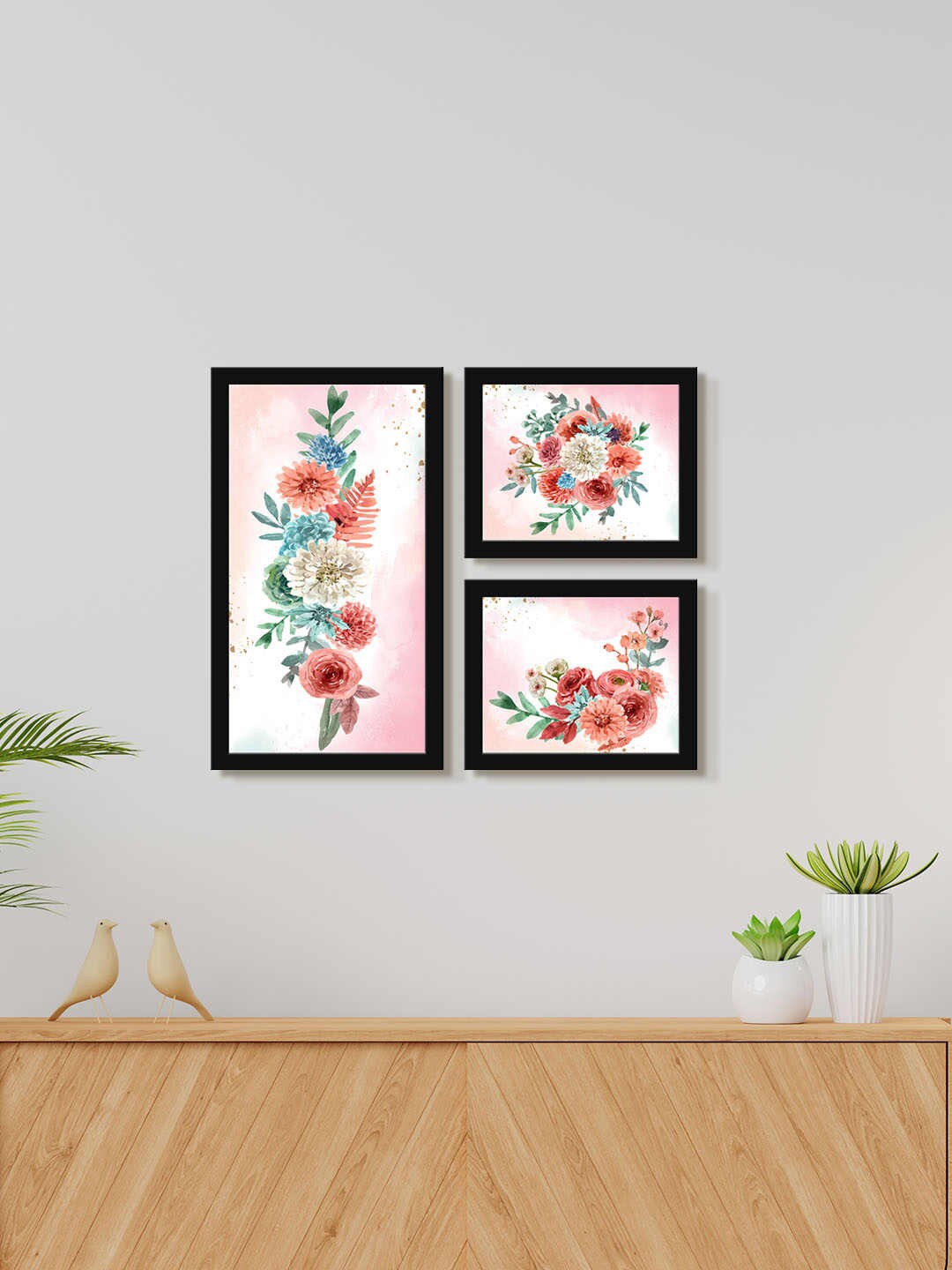 

999Store Peach Colored & Green 3 Pieces Flower with Leaf Water Color Painting Wall Art