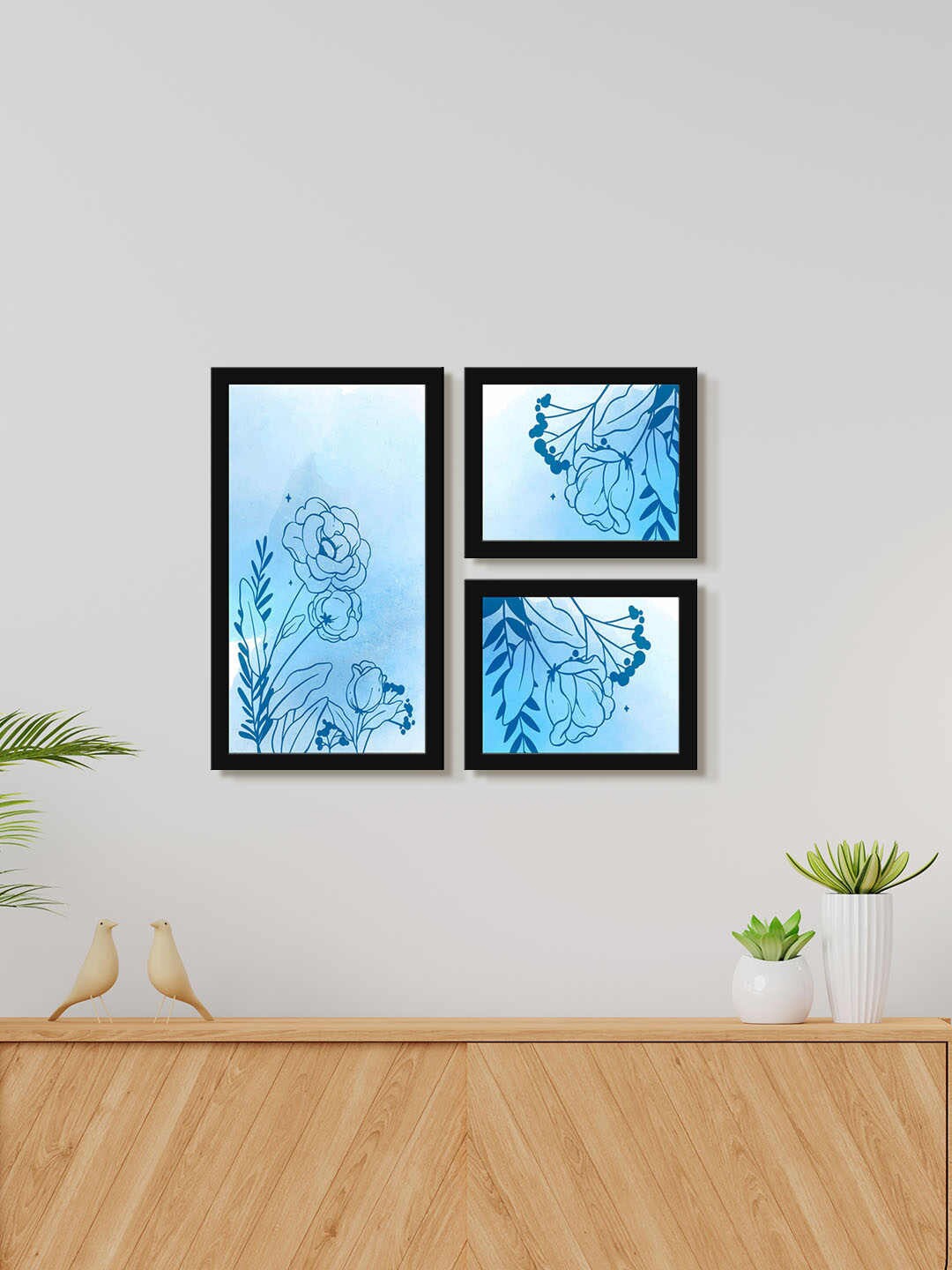 

999Store Blue 3 Pieces Rose Water Color Painting Wall Art