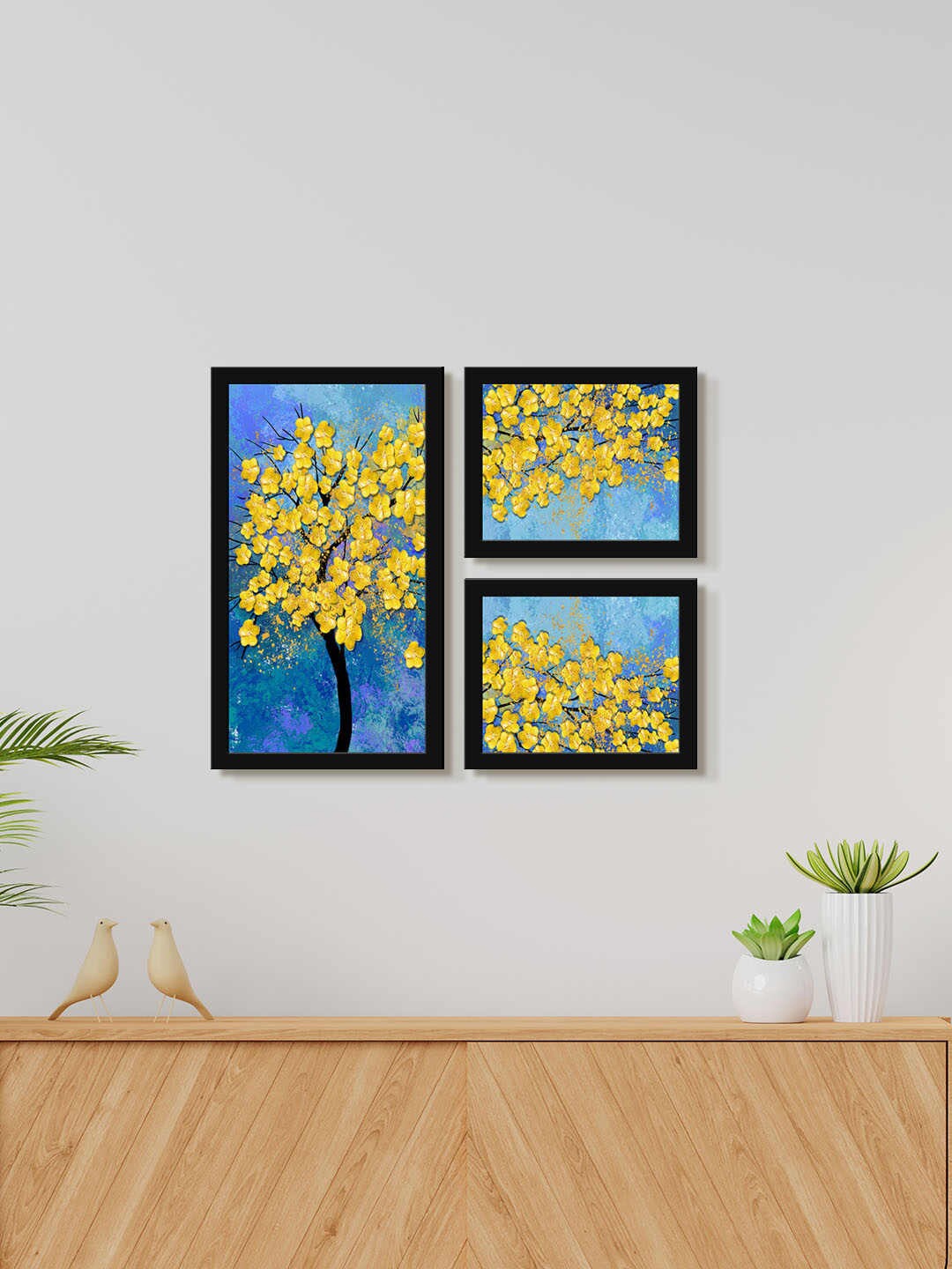 

999Store Blue & Yellow 3 Pieces Flower Abstract Painting Wall Art