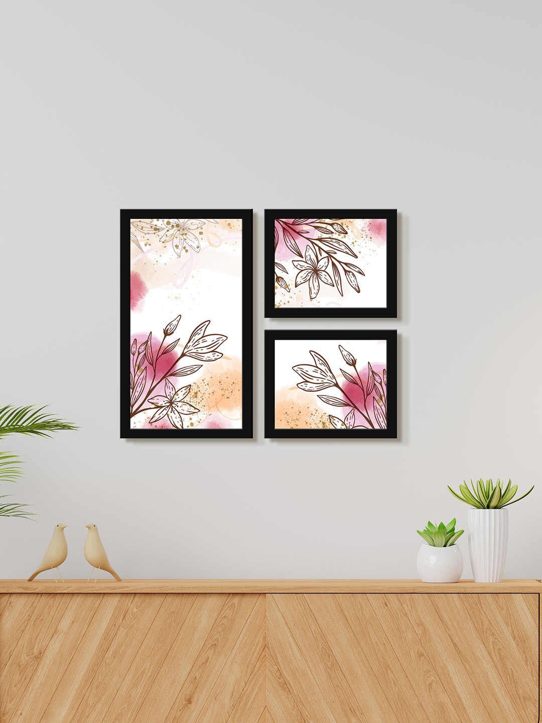 

999Store White & Pink 3 Pieces Floral Water Color Printed Framed Painting Wall Art