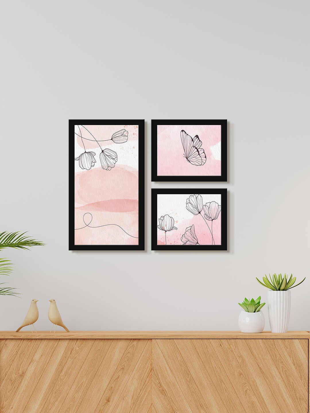 

999Store 3 Pieces Flower on flying butterfly wall Art Paintings, Peach