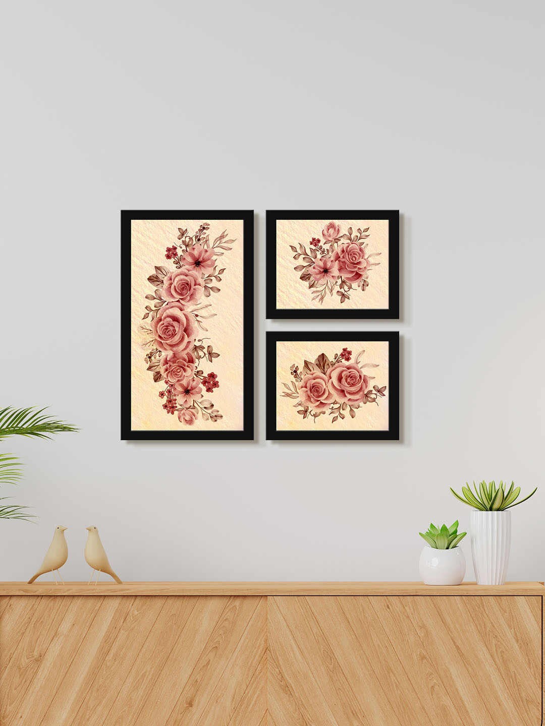 

999Store 3 Pieces Beige & Red Rose Printed Framed Wall Art Painting