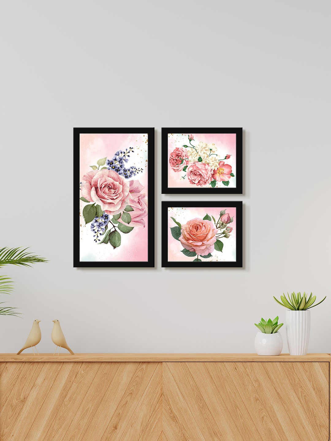 

999Store Pink & Green 3 Pieces Beautiful Roses Floral Water Color Painting Wall Art