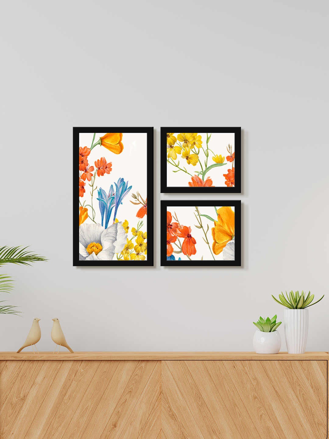 

999Store Black & White 3 Pieces Flowers Modern Wall Art