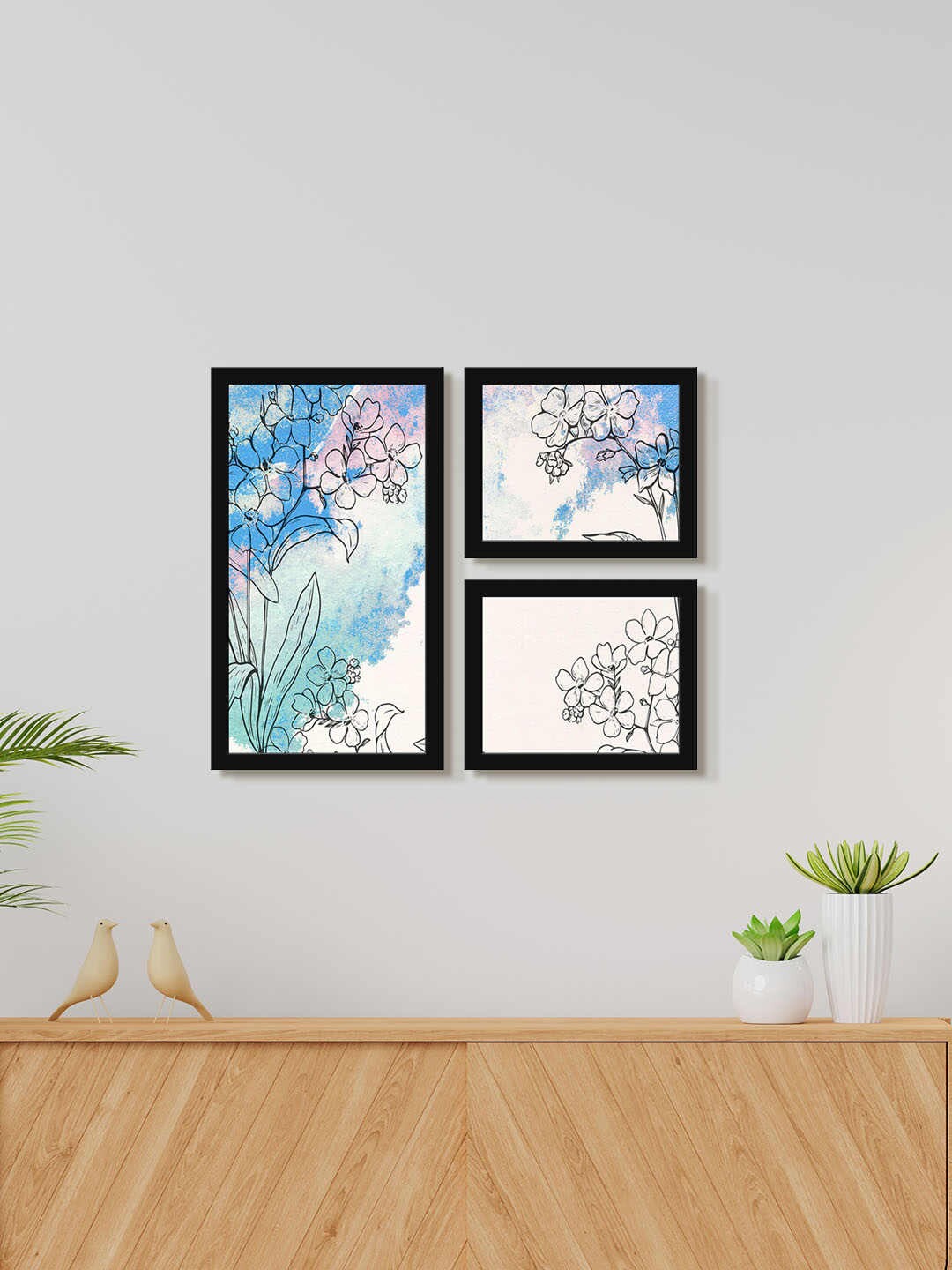 

999Store Blue & White 3 Pieces Jasmine Flower Water Color Painting Wall Art