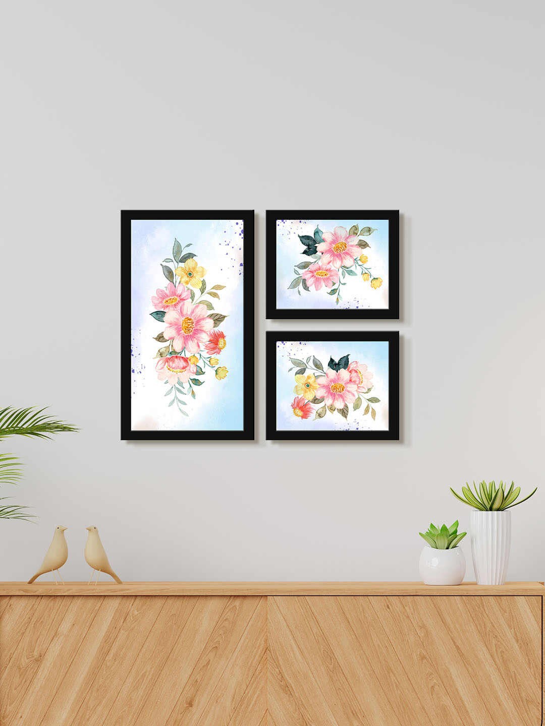 

999Store Blue & Pink 3 Pieces Beautiful Daisy Flower Water Color Painting Wall Art