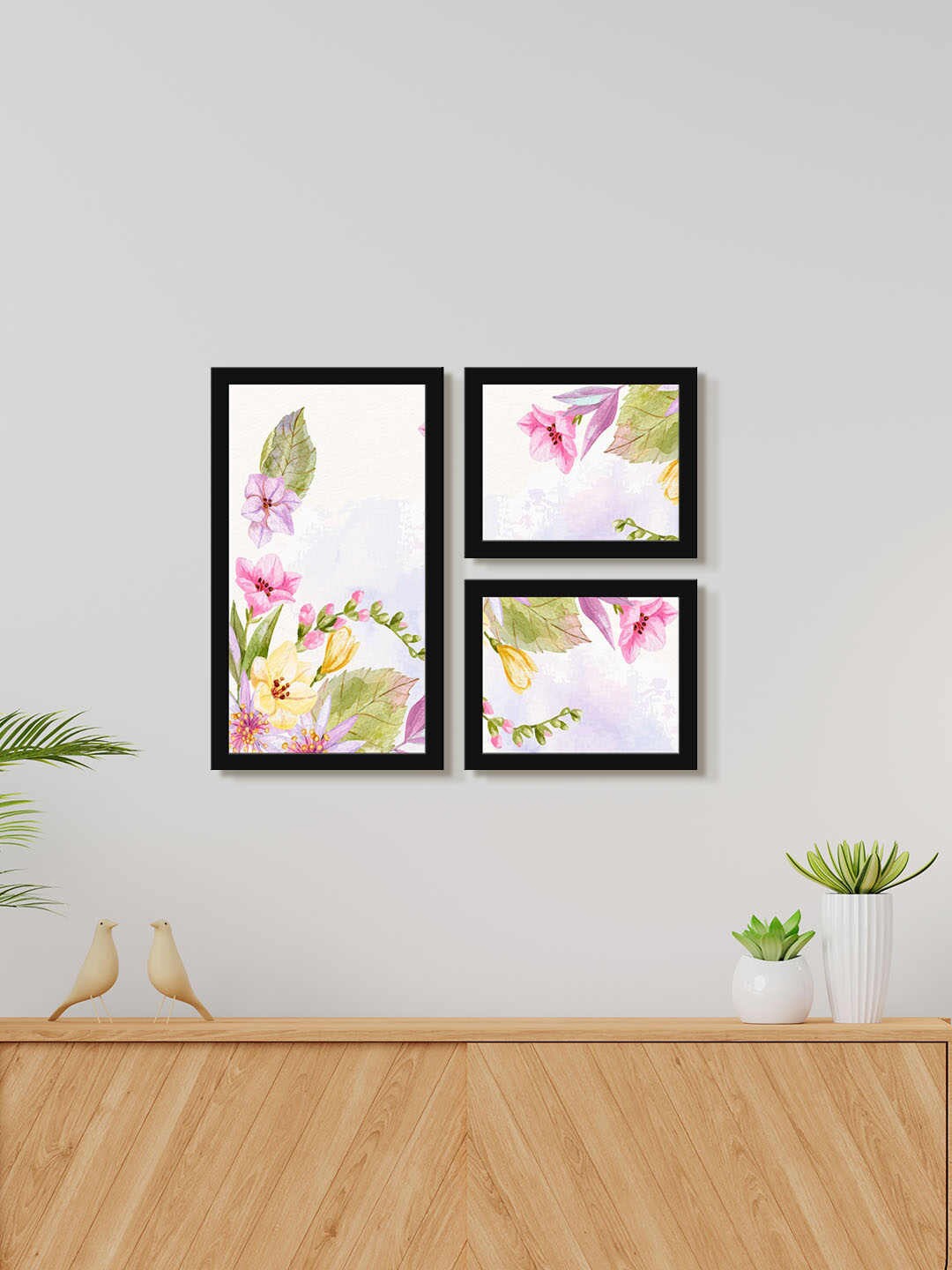 

999Store Pink & Green 3 Pieces Floral and Botanical Printed Framed Wall Painting, White