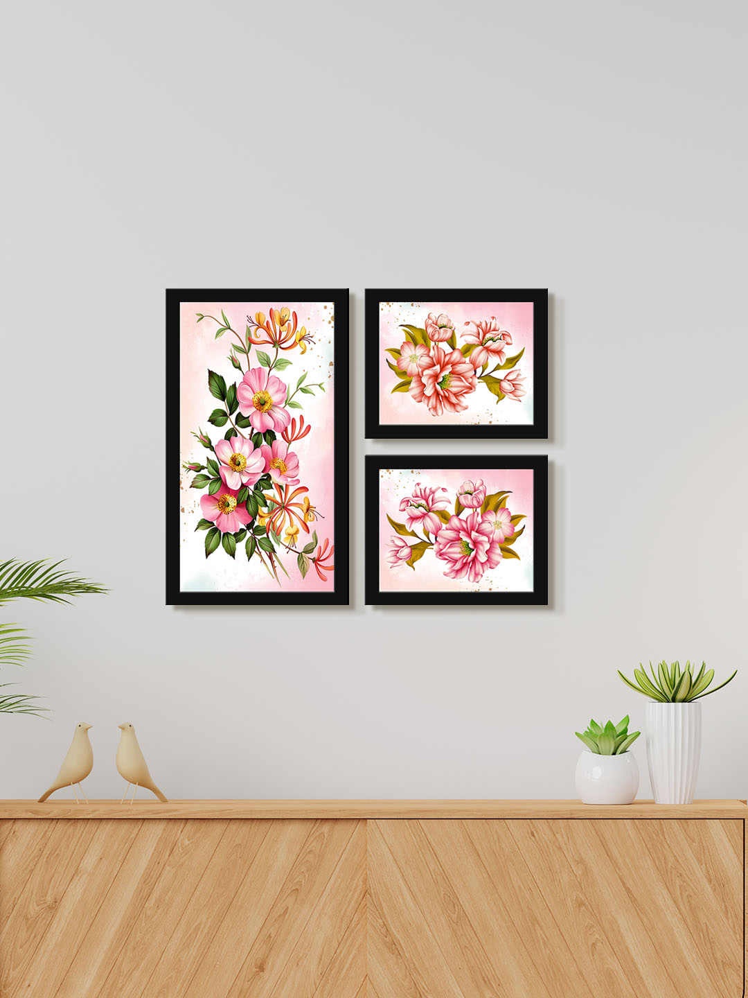 

999Store Pink & Green 3 Pieces Floral Water Color Painting Wall Art