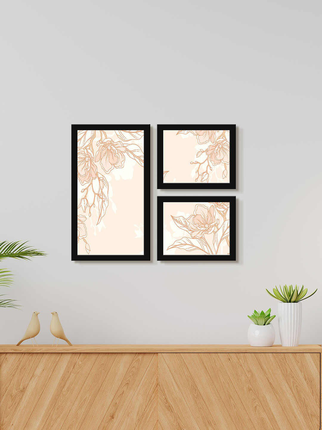 

999Store Peach colored 3 Pieces Floral Water Color Painting Wall Art
