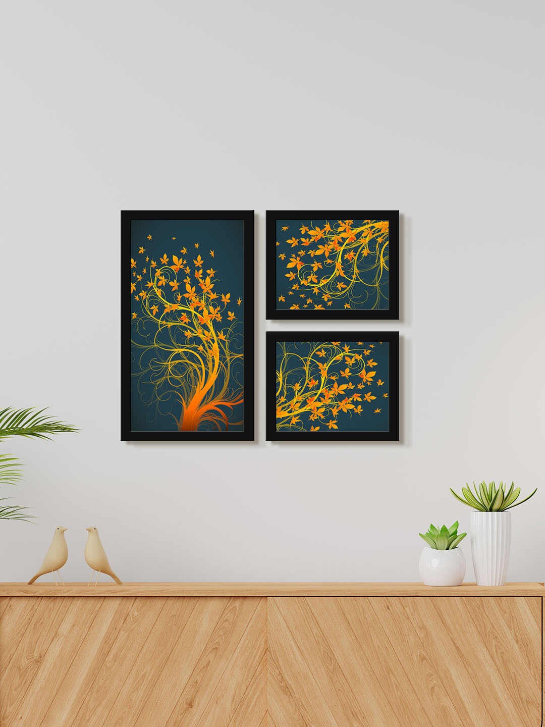 

999Store Navy Blue & Orange Colored 3 Pieces Floral Painting Wall Art