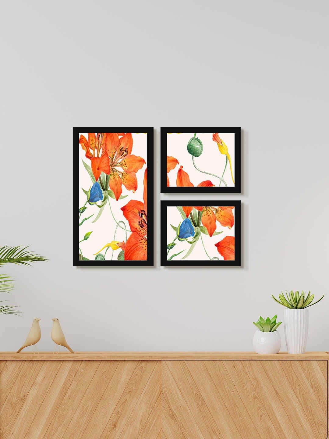 

999Store Orange Colored & White 3 Pieces Fowers Leaves Modern Art Painting Wall Art