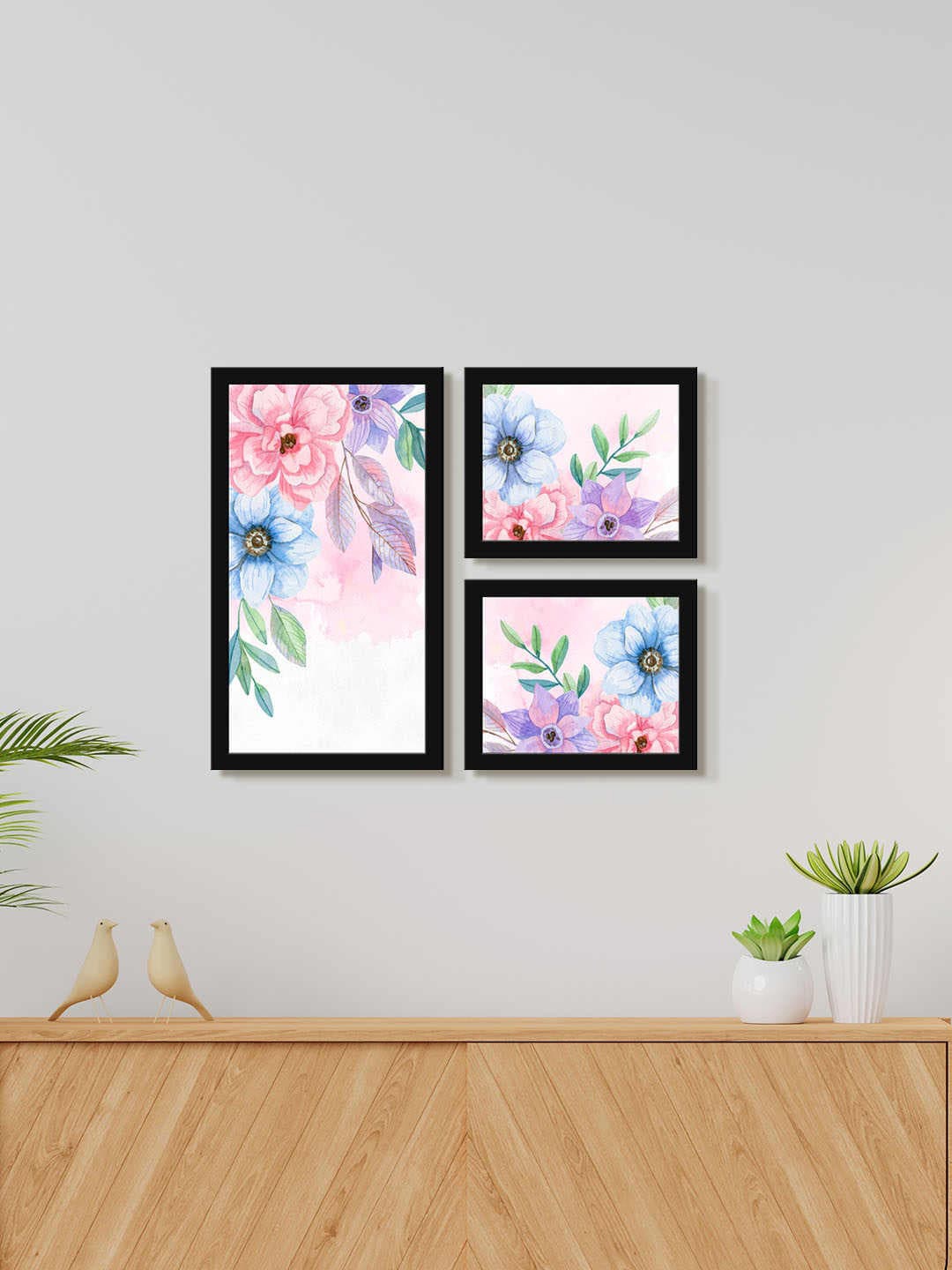 

999Store Pink & Green 3 Pieces Water Color Floral Framed Wall Art