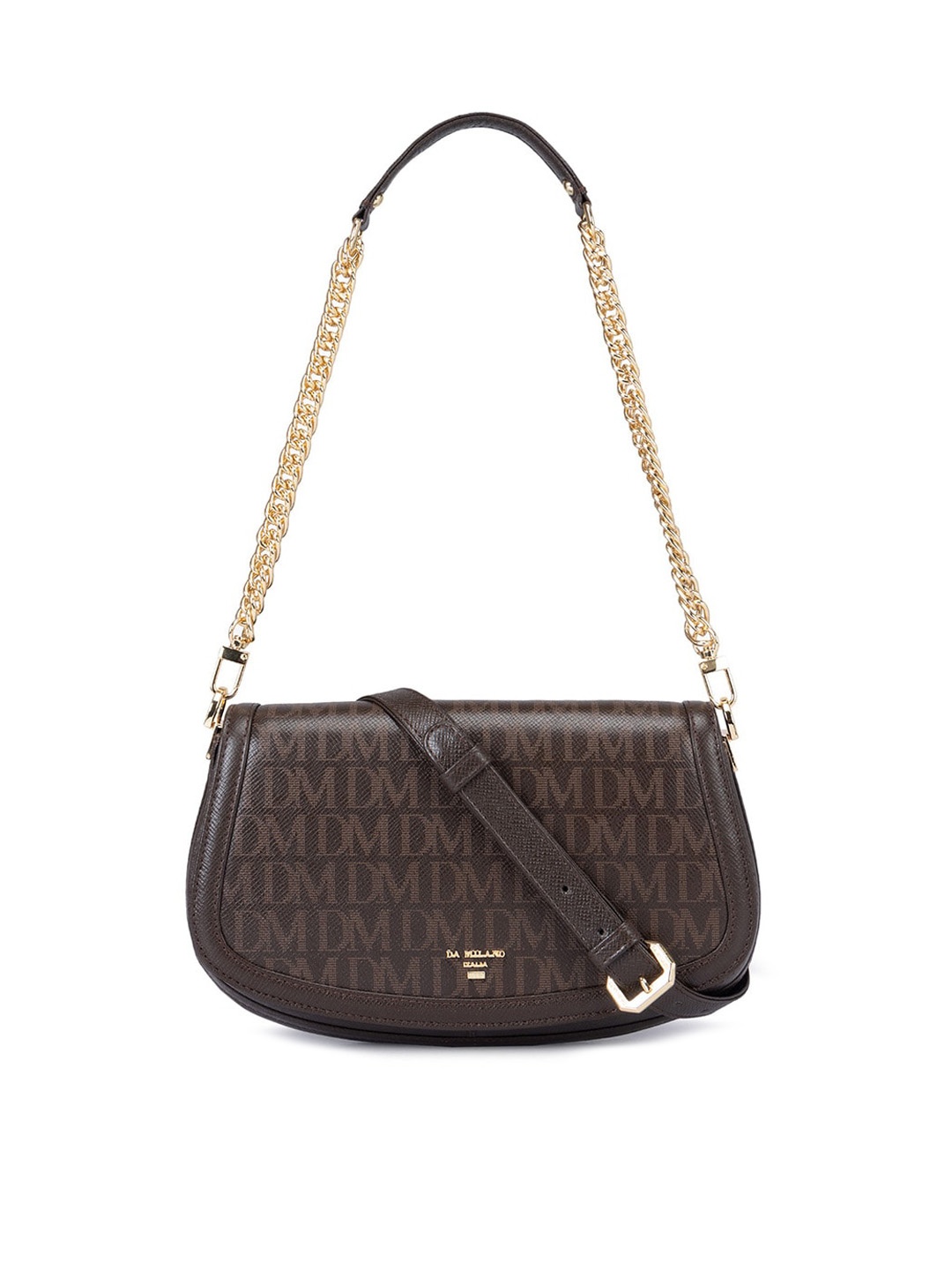 

Da Milano Typography Printed Leather Structured Shoulder Bag, Brown