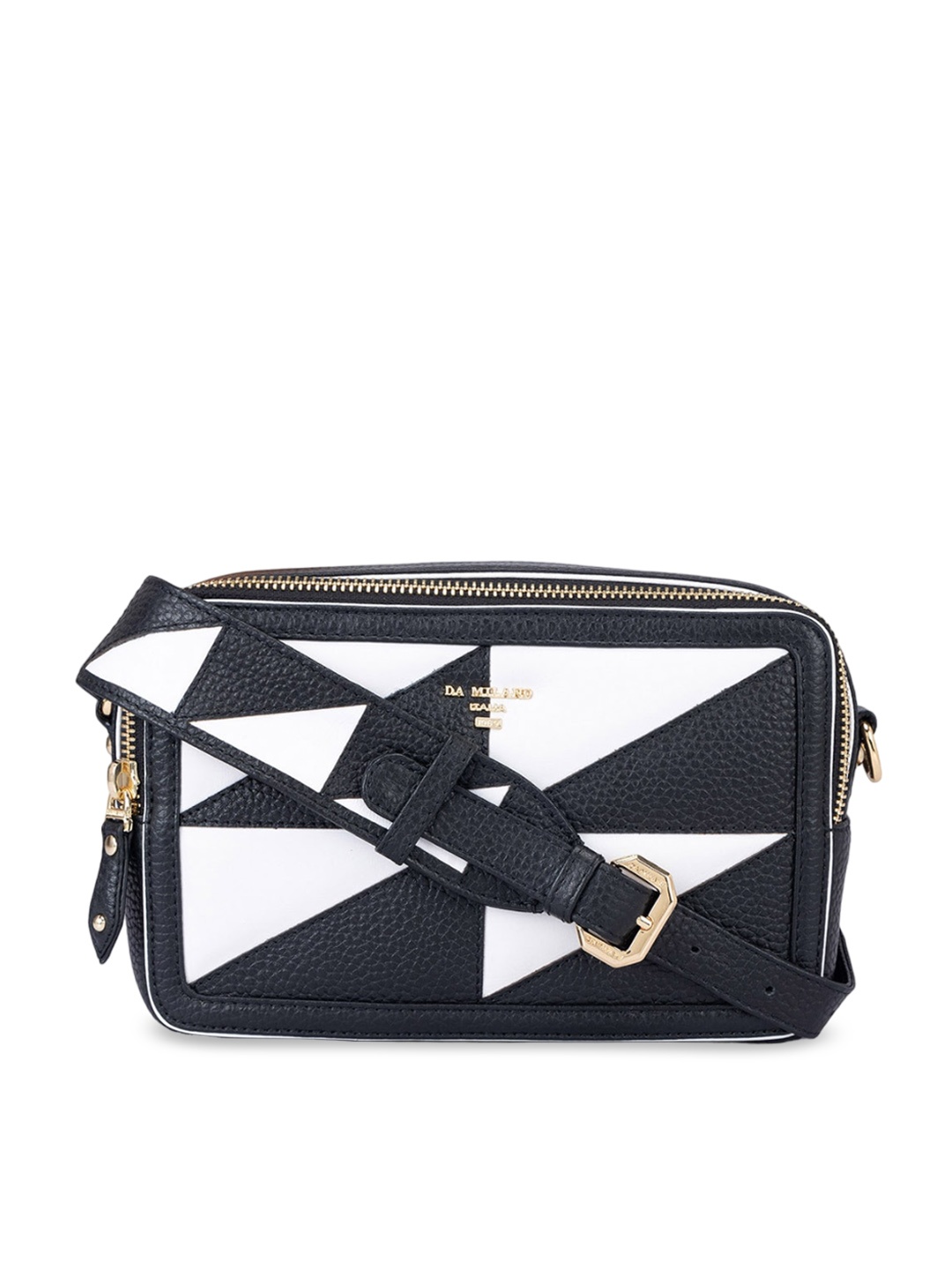 

Da Milano Geometric Printed Leather Structured Sling Bag, Black