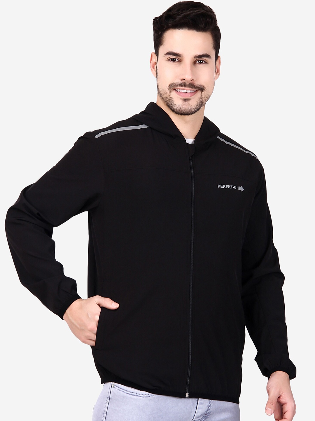 

PERFKT-U Hooded Windcheater and Water Resistant Rapid Dry Training or Gym Sporty Jacket, Black