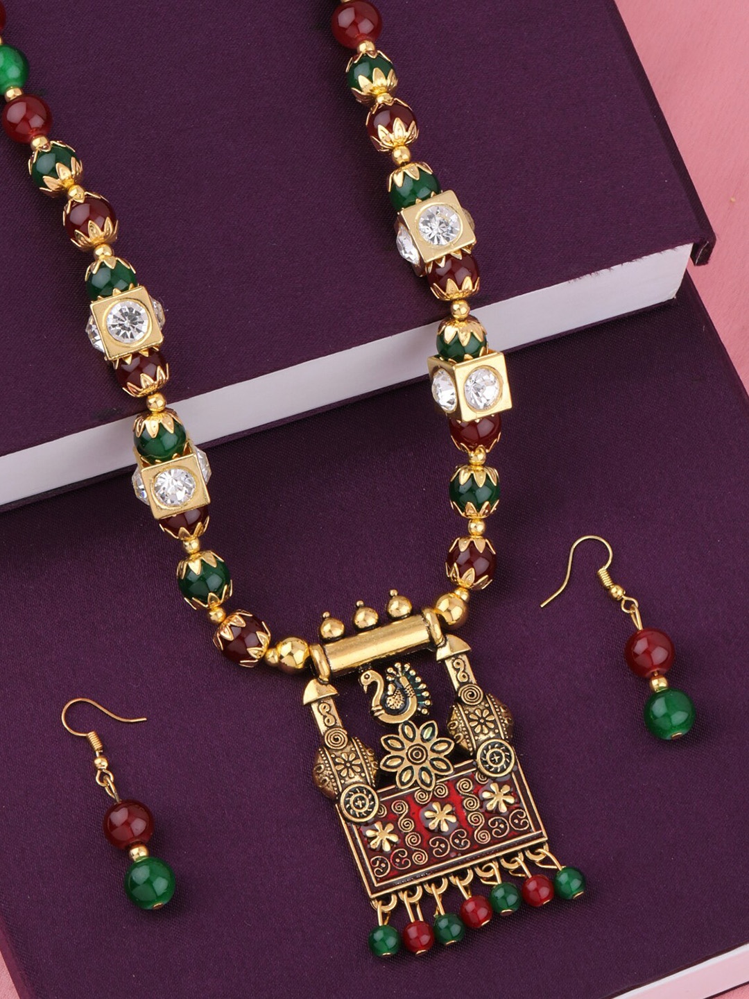 

Silver Shine Gold-Plated Stone Studded & Beaded Traditional Jewellery Set