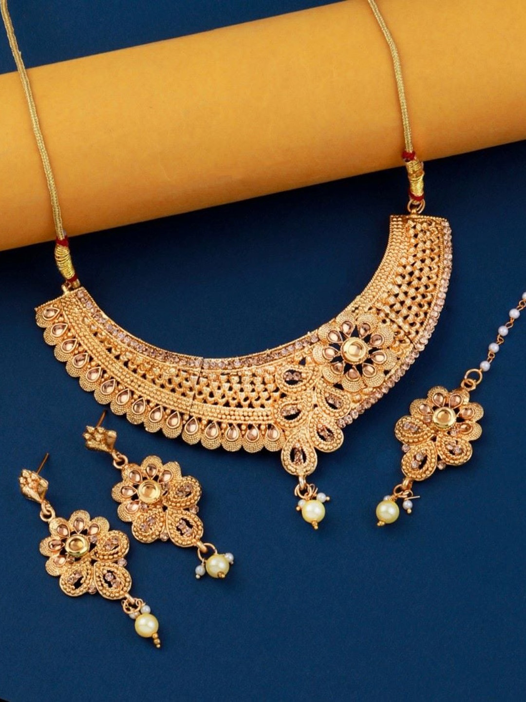 

Silver Shine Gold-Plated Studded & Beaded Jewellery Set