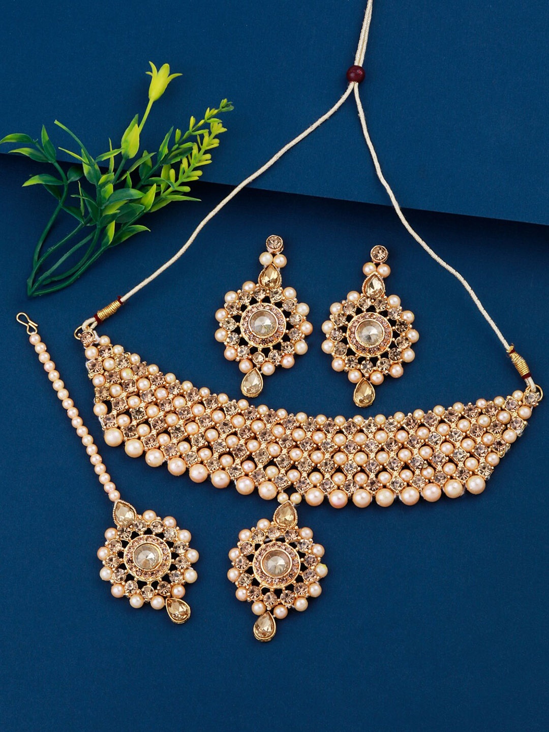 

Silver Shine Gold-Plated Stone Studded & Beaded Jewellery Set