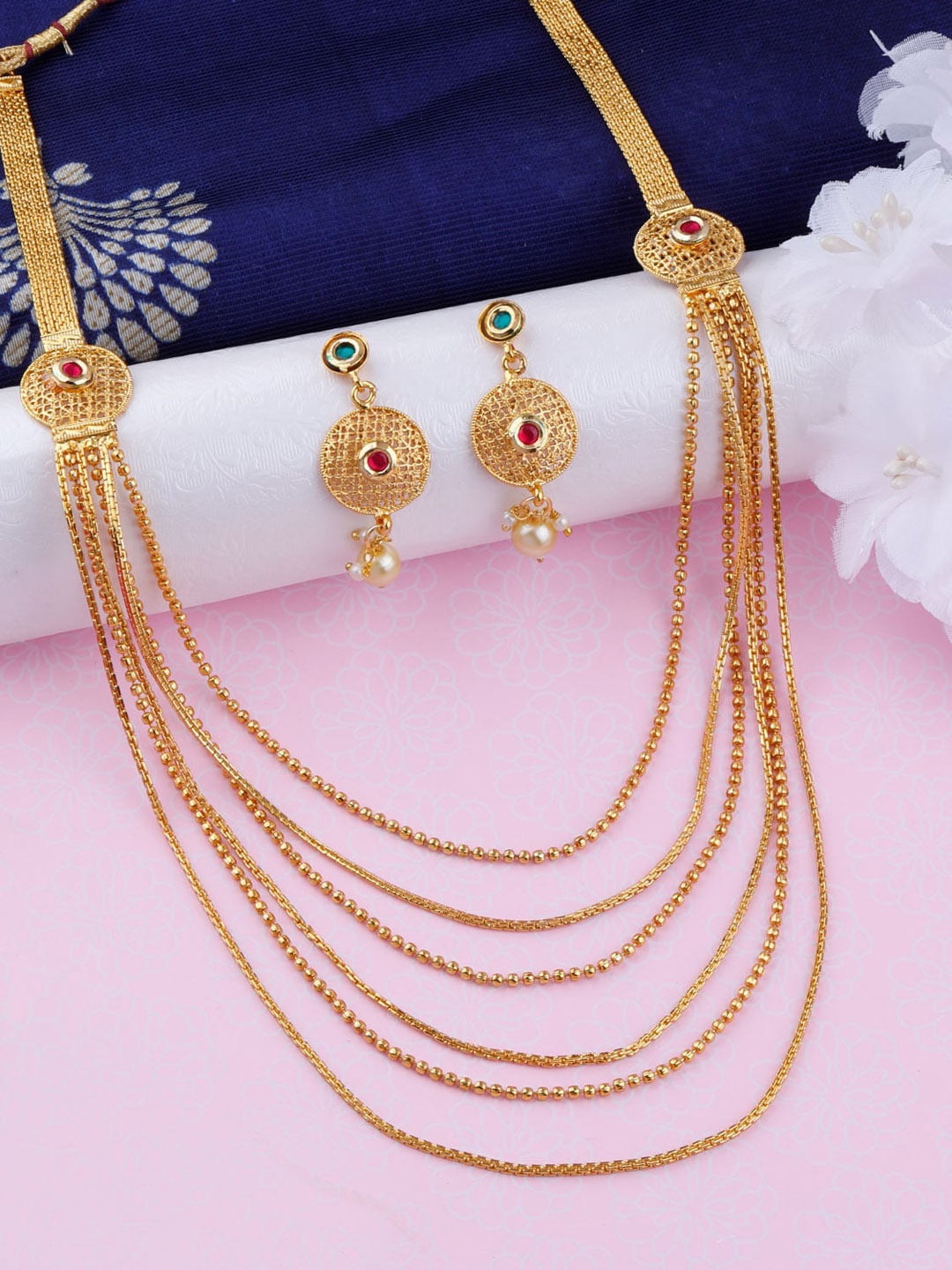 

Silver Shine Gold-Plated Stone Studded & Beaded Layered Jewellery Set