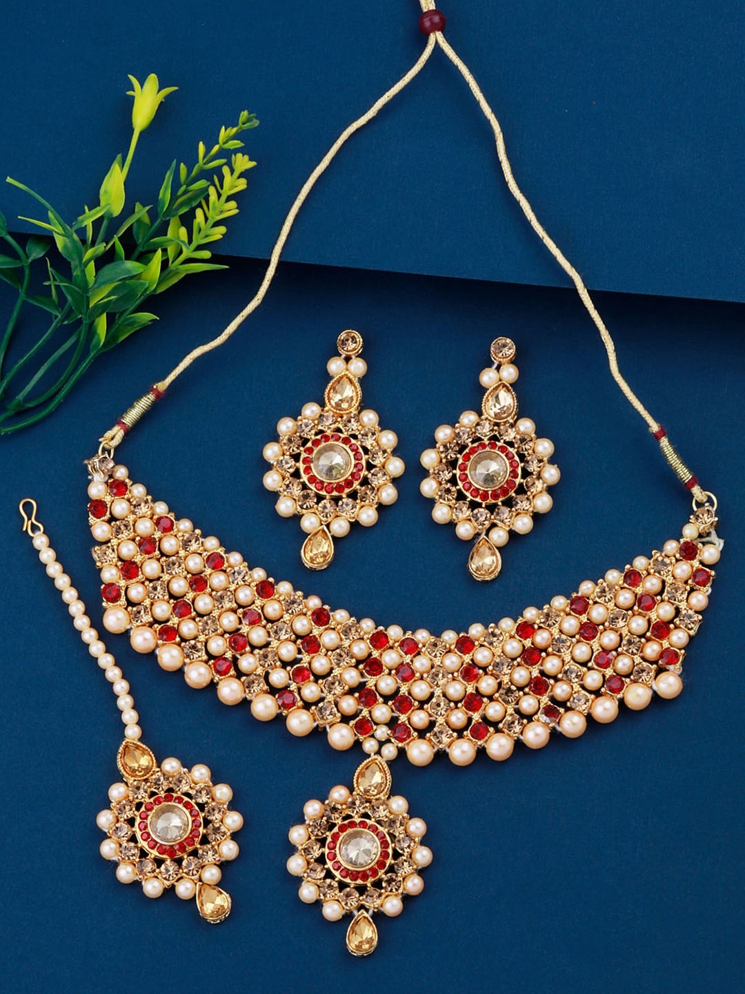 

Silver Shine Gold-Plated Stone Studded & Beaded Jewellery Set