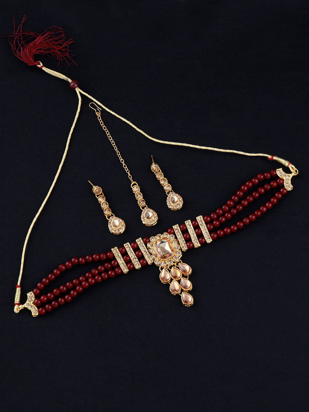 

Silver Shine Gold-Plated Stone-Studded & Beaded Jewellery Set