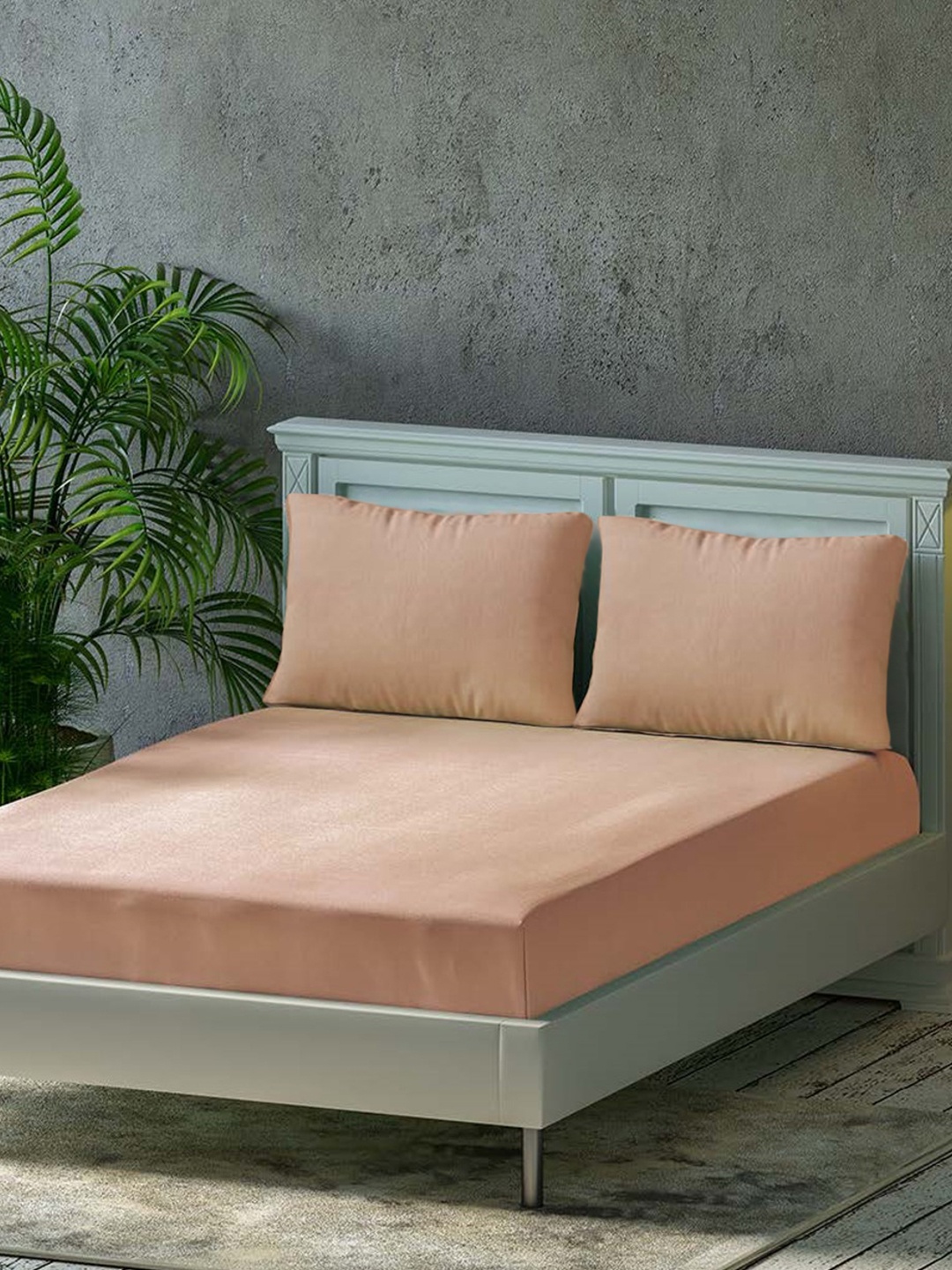 

Trance Home Linen Peach-Coloured 300 TC Cotton Fitted Queen Bedsheet & 2 Pillow Covers