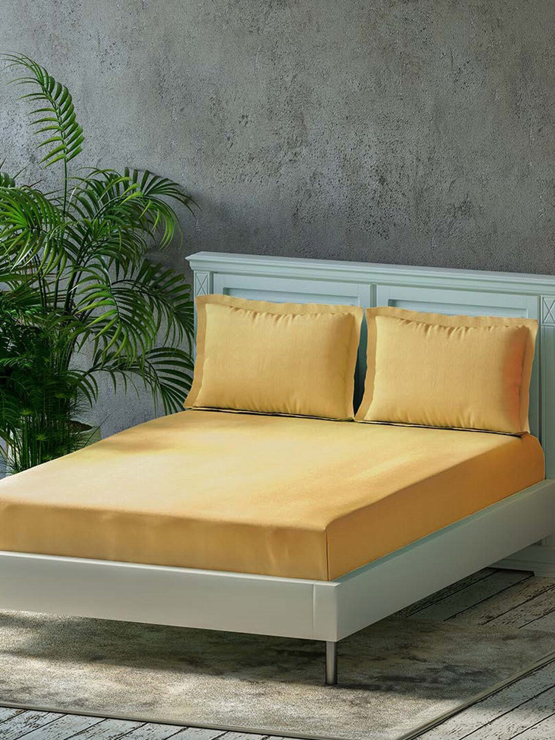 

Trance Home Linen Yellow 300 TC Pure Cotton Fitted King Bedsheet With 2 Pillow Covers
