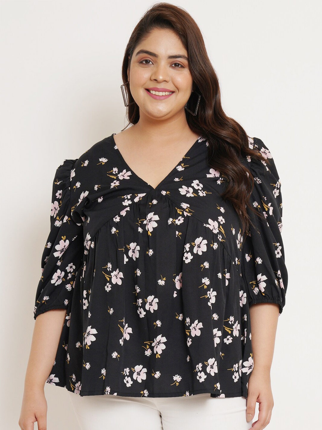 

U&F Beyond Plus Size Floral Printed V-Neck Puff Sleeves Regular Top, Black