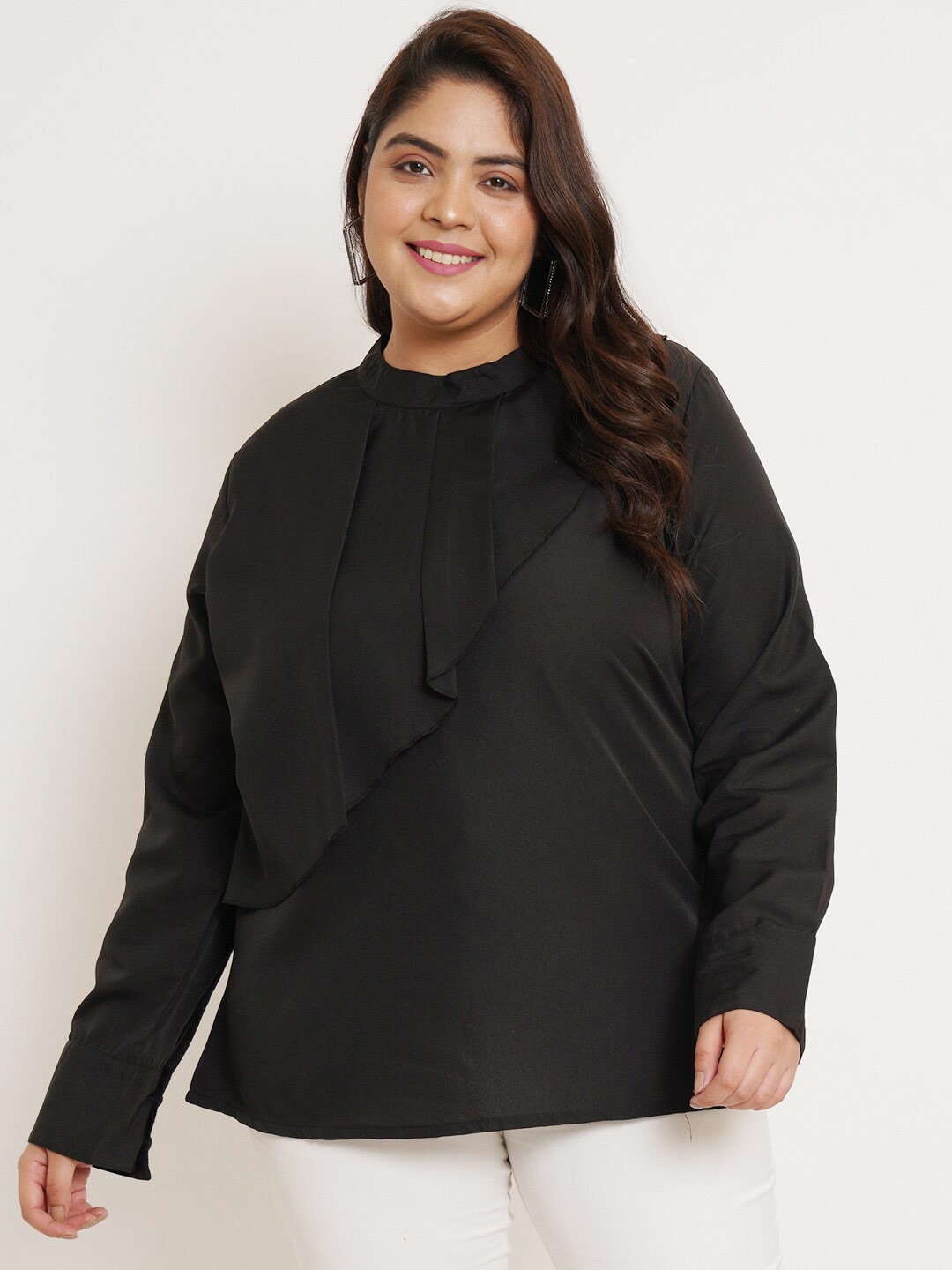 

U&F Beyond Plus Size High Neck Cuffed Sleeves Ruffles Top, Black