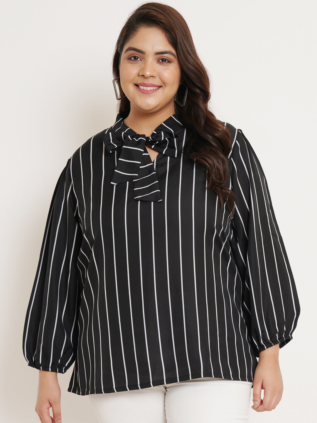 

U&F Beyond Plus Size Vertical Striped Tie-Up Neck Puff Sleeves Top, Black