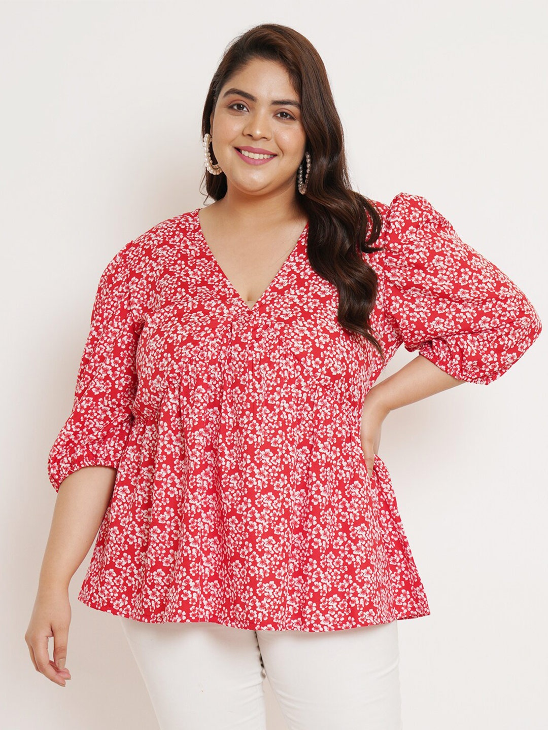 

U&F Beyond Plus Size Floral Printed Puff Sleeves V-Neck Regular Top, Red