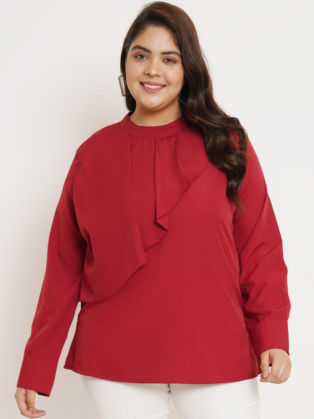 

U&F Beyond Plus Size High Neck Cuffed Sleeves Ruffled Top, Red