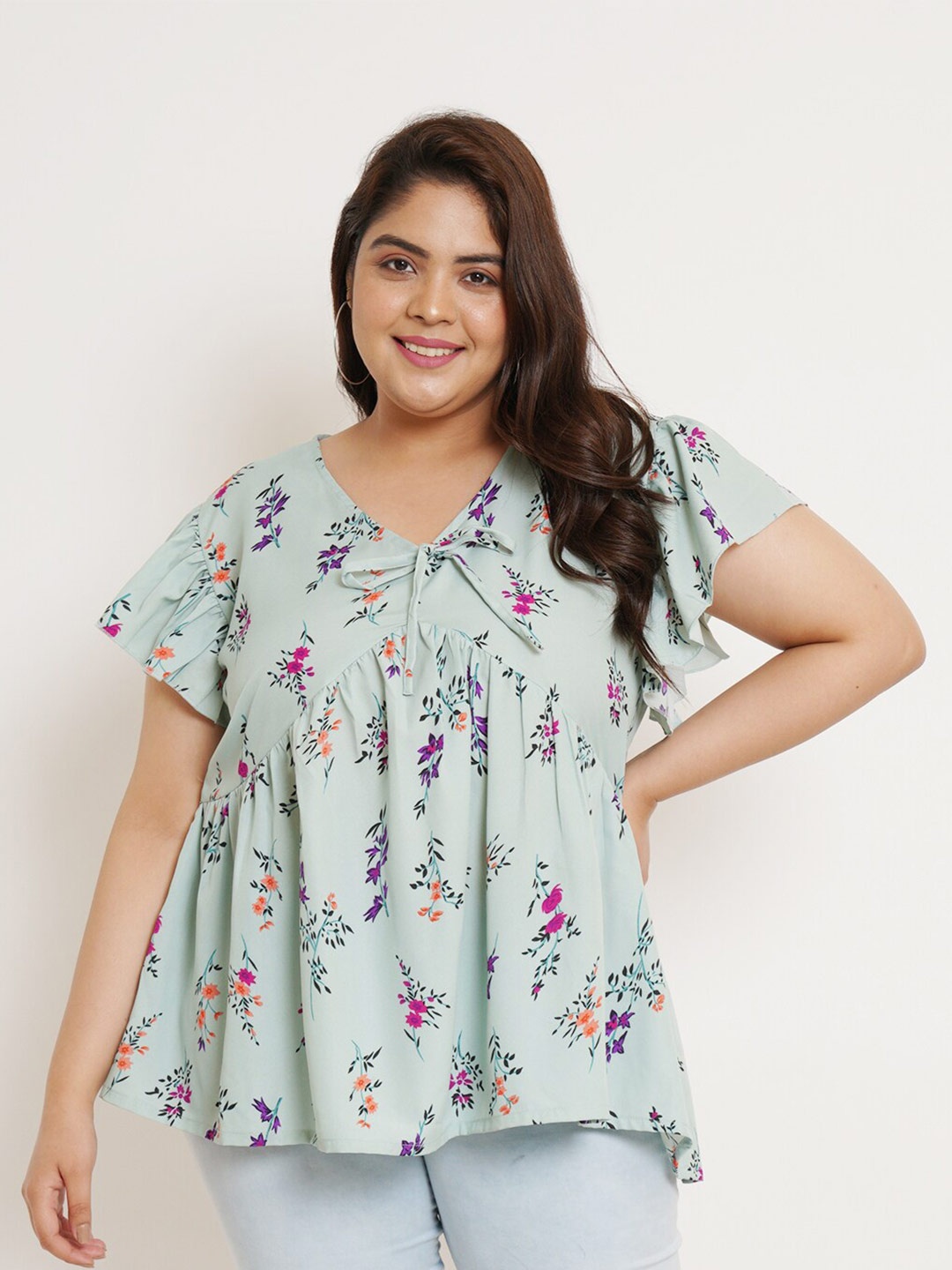 

U&F Beyond Plus size Floral Printed Flutter Sleeves Empire Top, Green