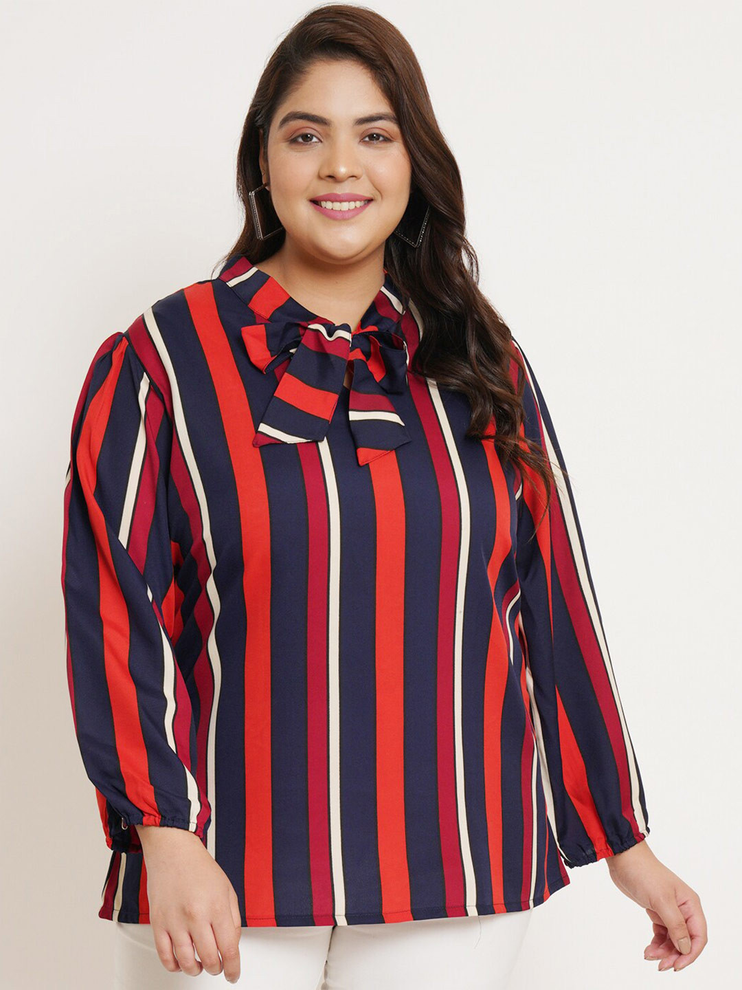 

U&F Beyond Plus Size Vertical Striped Tie-Up Neck A-Line Top, Navy blue