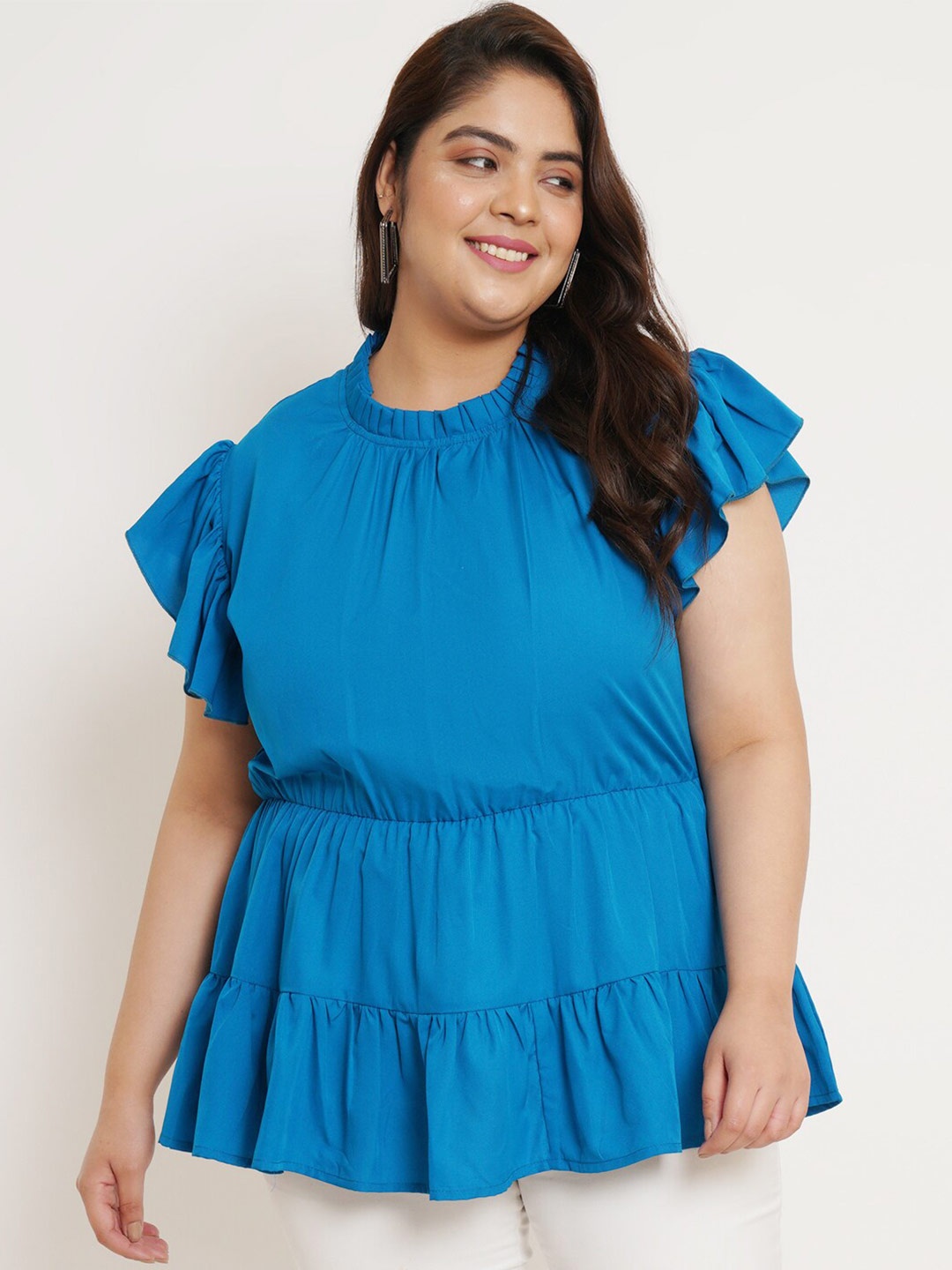 

U&F Beyond Plus Size Flutter Sleeves Ruffles A-Line Top, Blue