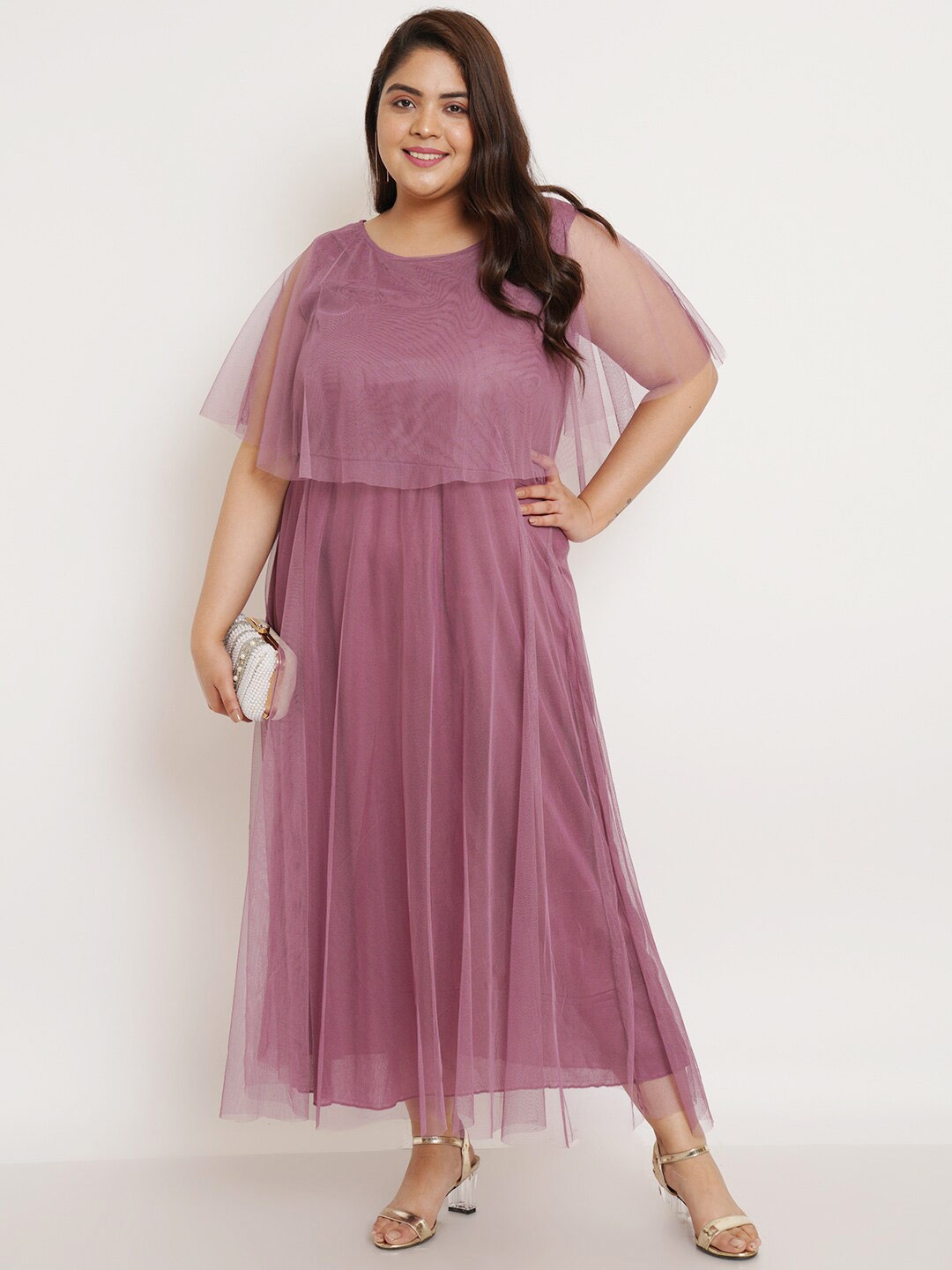 

U&F Beyond Plus Size Cape Sleeve Net Maxi Dress, Purple