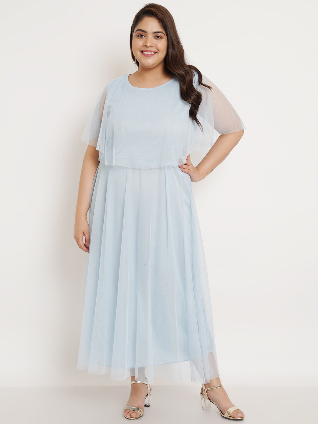 

U&F Beyond Plus Size Cape Sleeve Net Maxi Dress, Turquoise blue