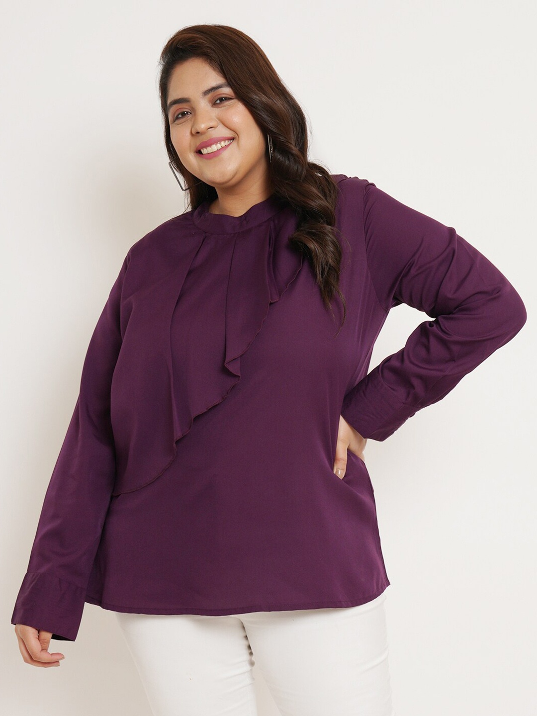 

U&F Beyond Plus Size High Neck Cuff Sleeves Ruffles Top, Purple