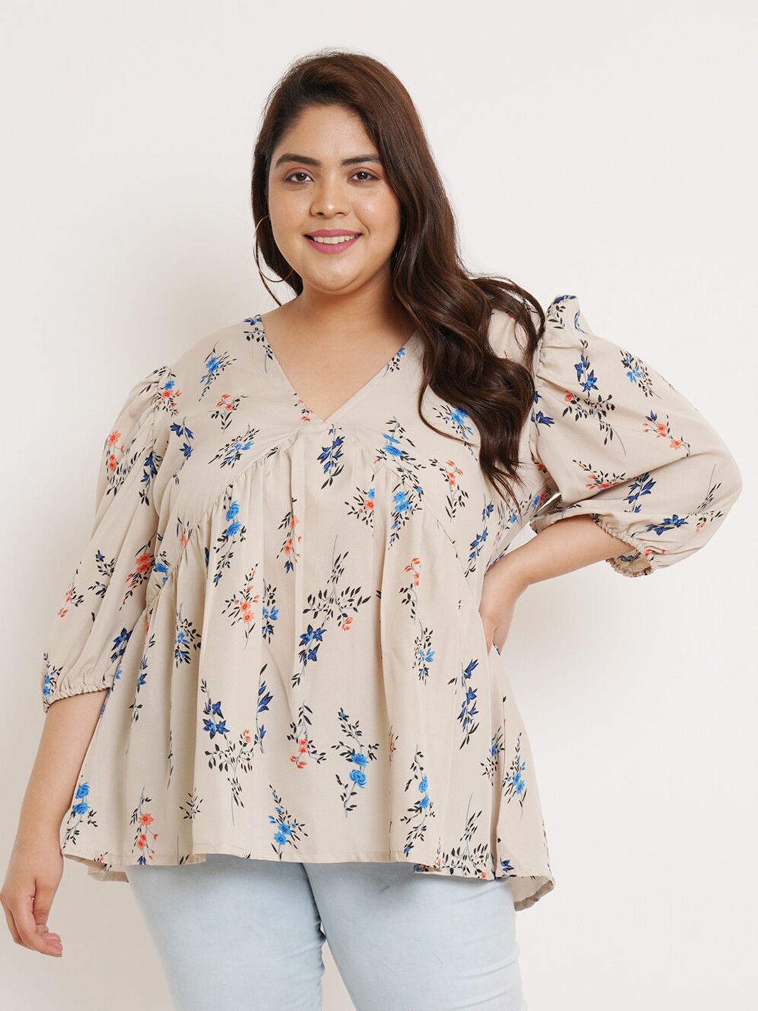 

U&F Beyond Plus Size Floral Printed V-Neck Puff Sleeves Empire Top, Beige