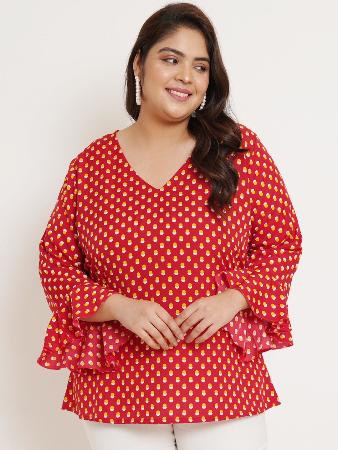 

U&F Beyond Plus Size Polka Dot Printed V-Neck Bell Sleeves Top, Red